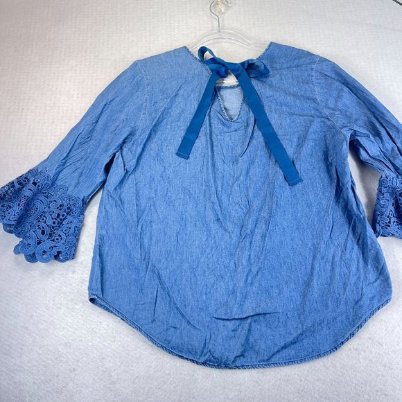 HESTER & ORCHARD Womens L Blue Chambray Lace Ruffle Sleeve Ribbon Tie Back Top - Picture 10 of 10